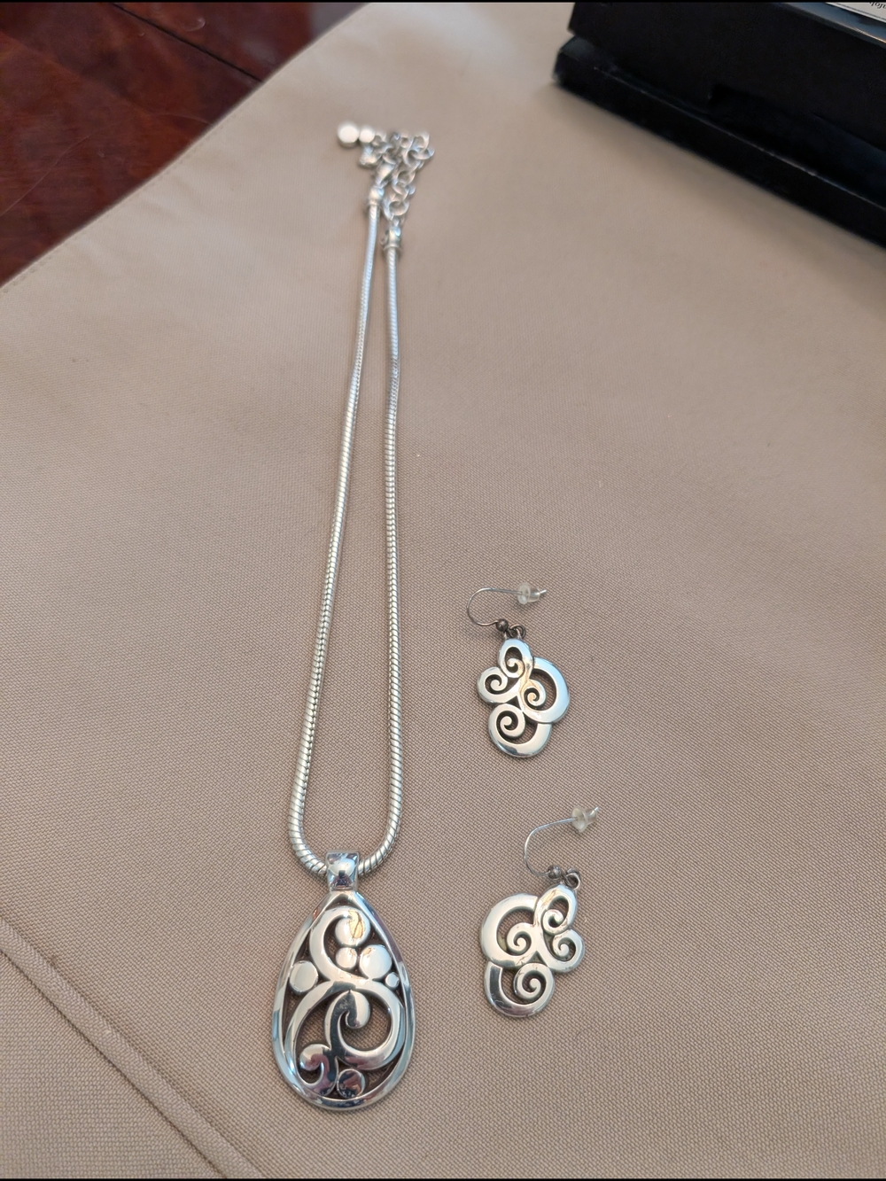 Brighton Silver Swirl Teardrop Pendant Necklace with Matching Earrings - Silver